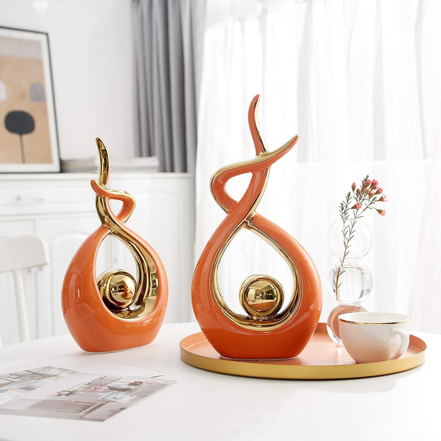 Home Decor Modern Art Ceramic Statue, Orange Coffee Table Decor, Hous Decorations for Living Room Dining Room Table Centerpiece Bookshelf (12.2" H)