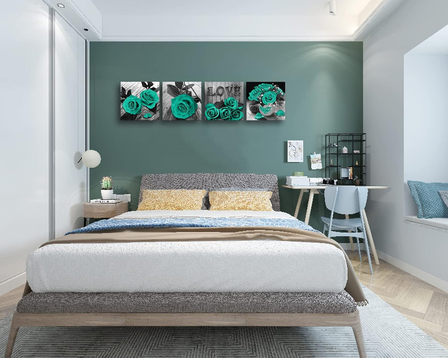 Teal Rose Flowers Canvas Prints Black and White Wall Art Turquoise Floral Pictures for Home Bedroom Bathroom Decoration