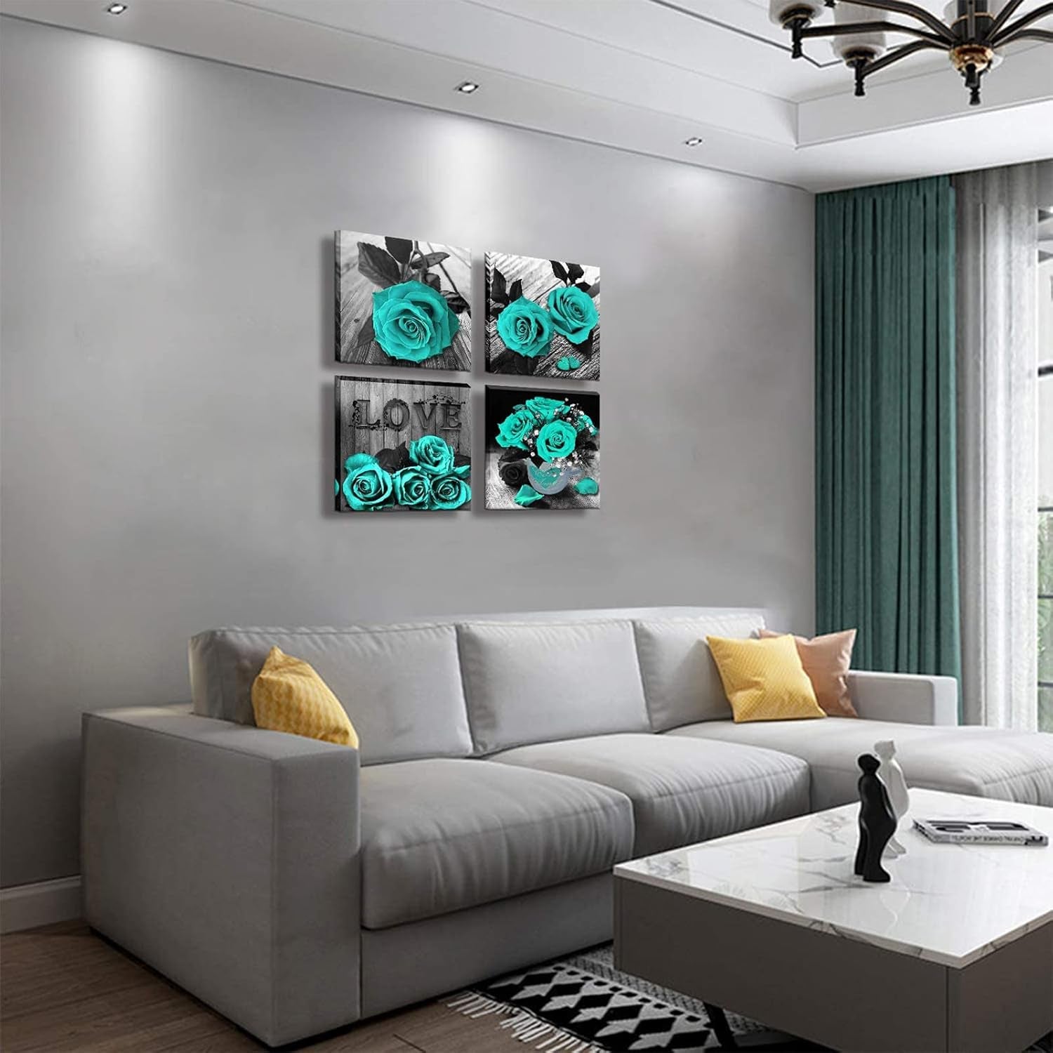 Teal Rose Flowers Canvas Prints Black and White Wall Art Turquoise Floral Pictures for Home Bedroom Bathroom Decoration