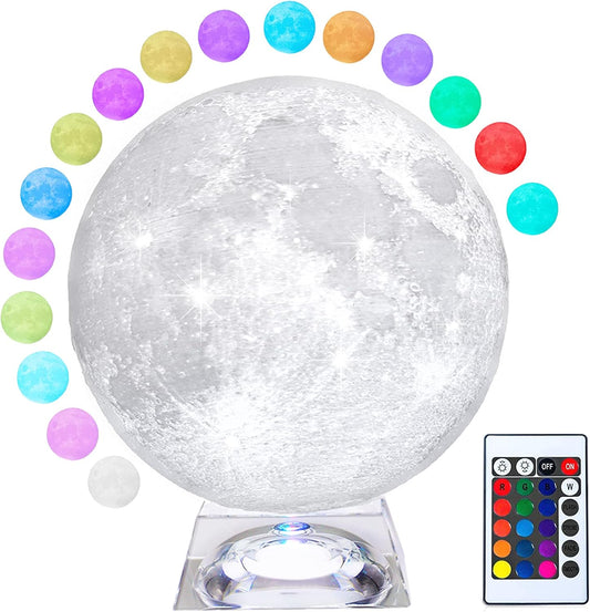 Moon Lamp,16 Colors LED 6 Inch Moon Light 3D Printing Kids Night Light with Crystal Clear Luminous Stand, Remote& Touch Control, USB Rechargeable,Room Decor Gift for Baby Lover Friends Parent Birthday