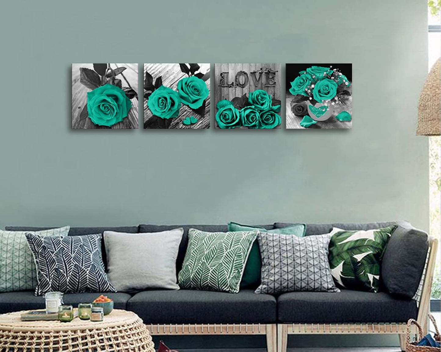 Teal Rose Flowers Canvas Prints Black and White Wall Art Turquoise Floral Pictures for Home Bedroom Bathroom Decoration