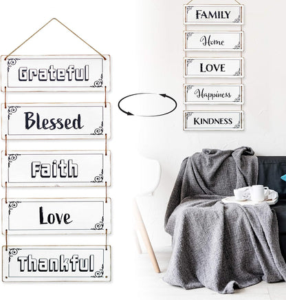 Farmhouse Wall Decor, Reversible Rustic Home Decor, Modern Hanging Decor, Wall Decor for Living Room, Bedroom, Family, Dining, and Kitchen Wall Decor, 24-Inch (Family, Home, Love, Happiness, Kindness)