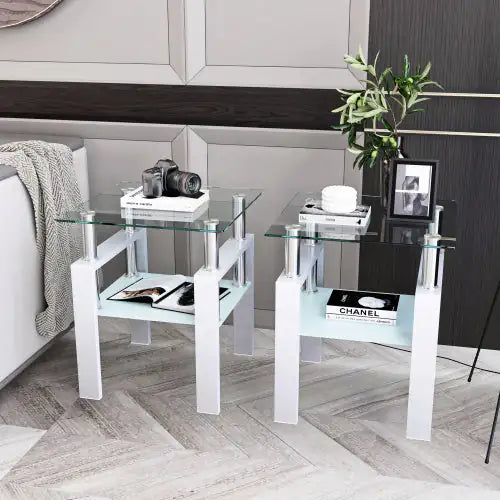 Set Of 2, Modern Tempered Glass Tea Table.