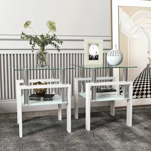 Set Of 2, Modern Tempered Glass Tea Table.